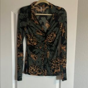 Free People Brown Green Ruched Long Sleeve Blouse
